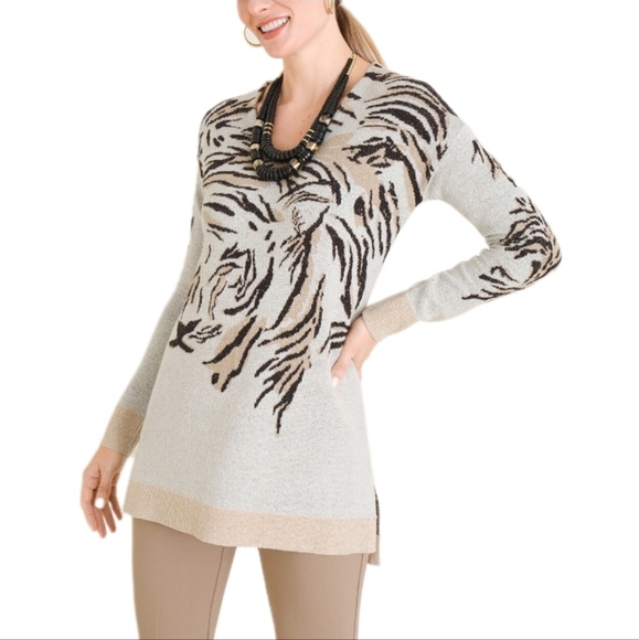 Chico's Sweaters - Chicos Grey Brown Tiger Face Animal Print Knit V Neck Pullover Sweater
